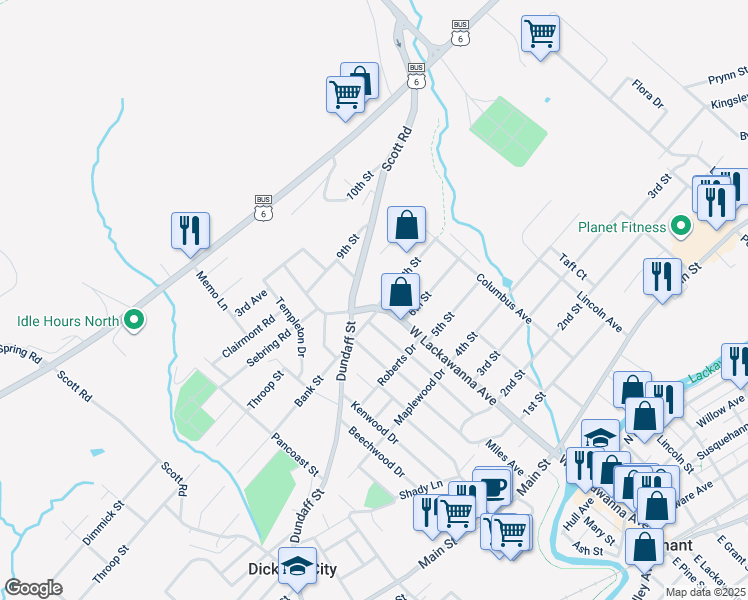 map of restaurants, bars, coffee shops, grocery stores, and more near 103 7th Street in Blakely