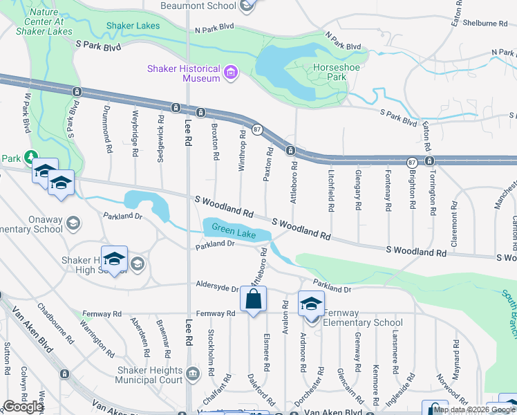 map of restaurants, bars, coffee shops, grocery stores, and more near 2950 Paxton Road in Shaker Heights