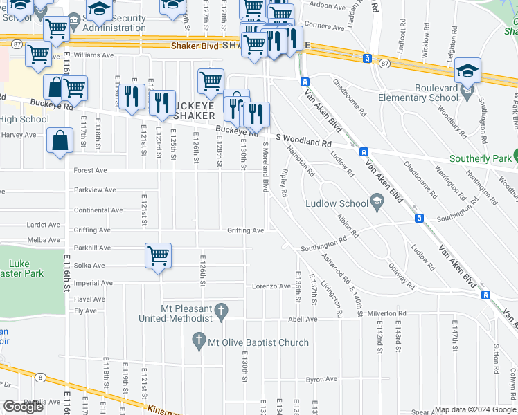 map of restaurants, bars, coffee shops, grocery stores, and more near 3016 South Moreland Boulevard in Cleveland