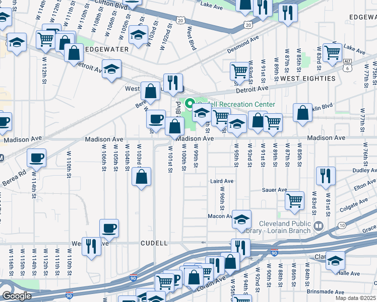 map of restaurants, bars, coffee shops, grocery stores, and more near 2018 West 100th Street in Cleveland