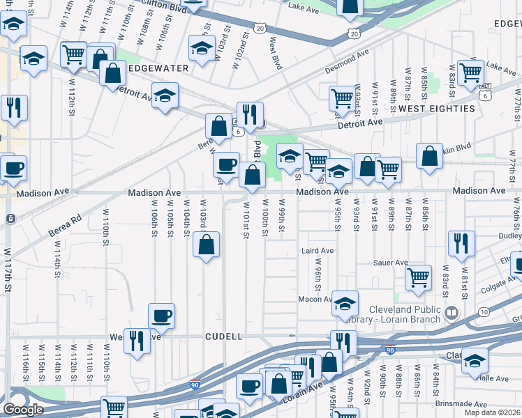 map of restaurants, bars, coffee shops, grocery stores, and more near 2026 West 100th Street in Cleveland