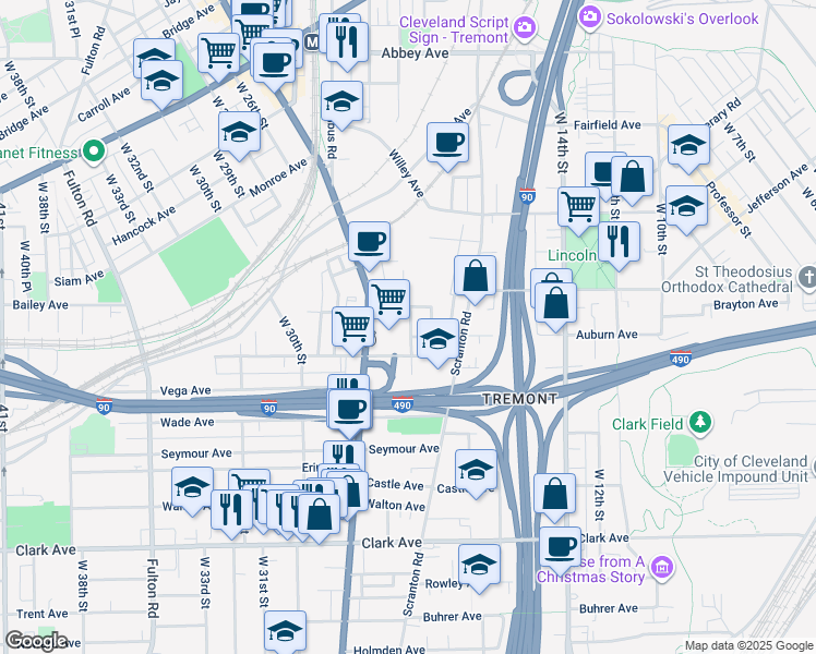 map of restaurants, bars, coffee shops, grocery stores, and more near 89 West 19th Street in Cleveland