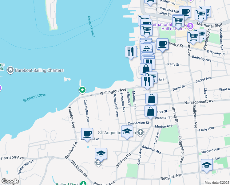 map of restaurants, bars, coffee shops, grocery stores, and more near 115 Wellington Avenue in Newport