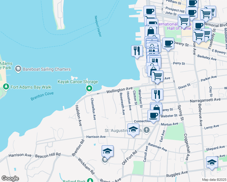 map of restaurants, bars, coffee shops, grocery stores, and more near Wellington Avenue in Newport