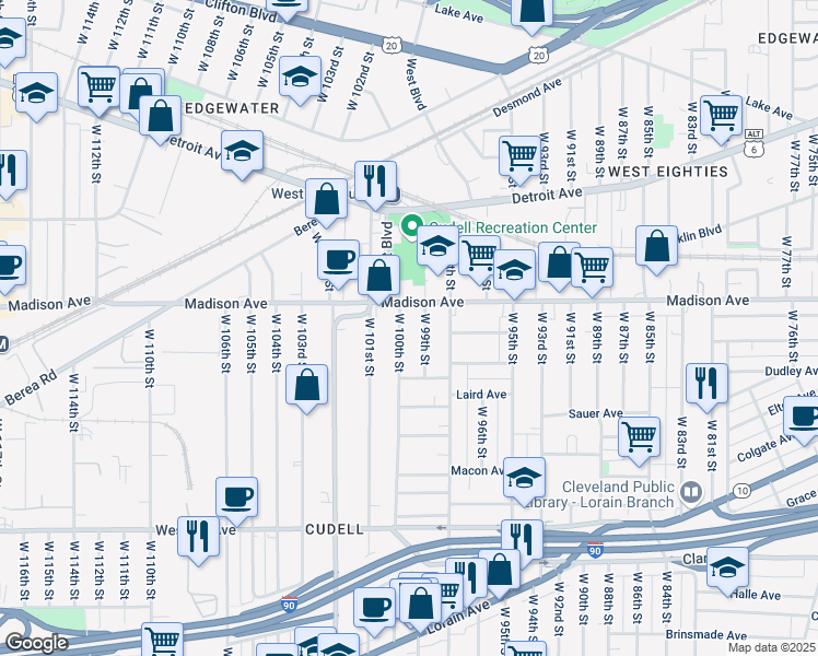 map of restaurants, bars, coffee shops, grocery stores, and more near 2018 West 100th Street in Cleveland