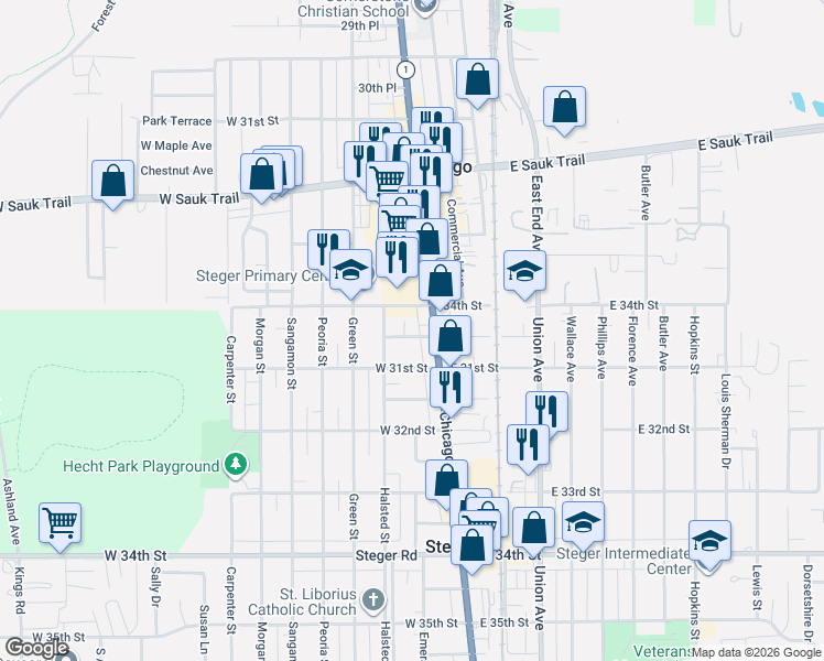 map of restaurants, bars, coffee shops, grocery stores, and more near 17 West 30th Place in Steger