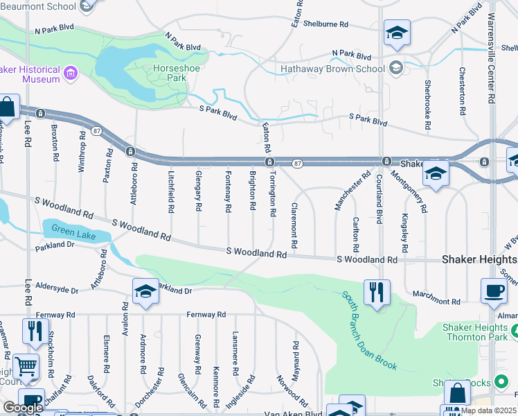 map of restaurants, bars, coffee shops, grocery stores, and more near 2911 Brighton Road in Shaker Heights