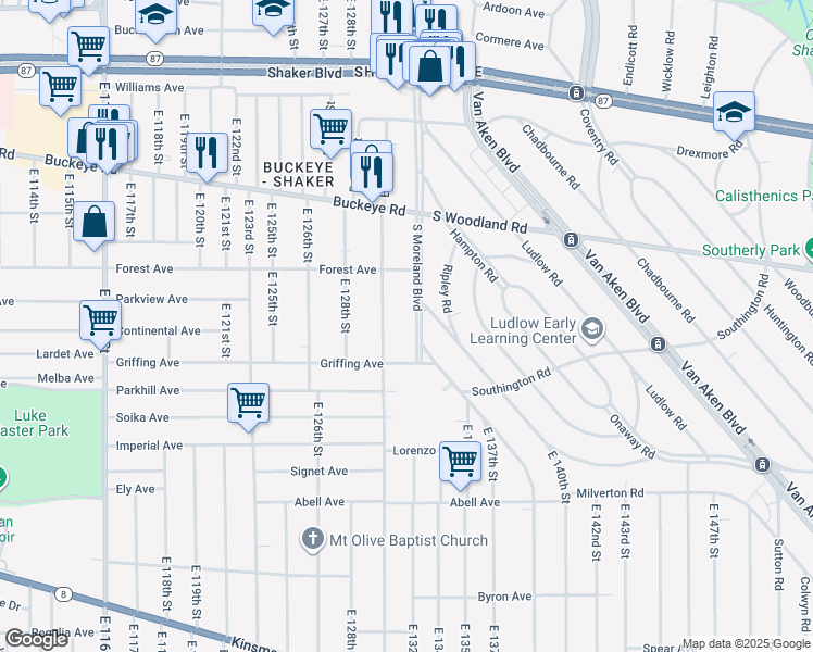 map of restaurants, bars, coffee shops, grocery stores, and more near 3016 South Moreland Boulevard in Cleveland