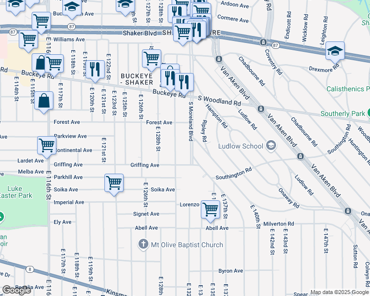 map of restaurants, bars, coffee shops, grocery stores, and more near 3016 South Moreland Boulevard in Cleveland