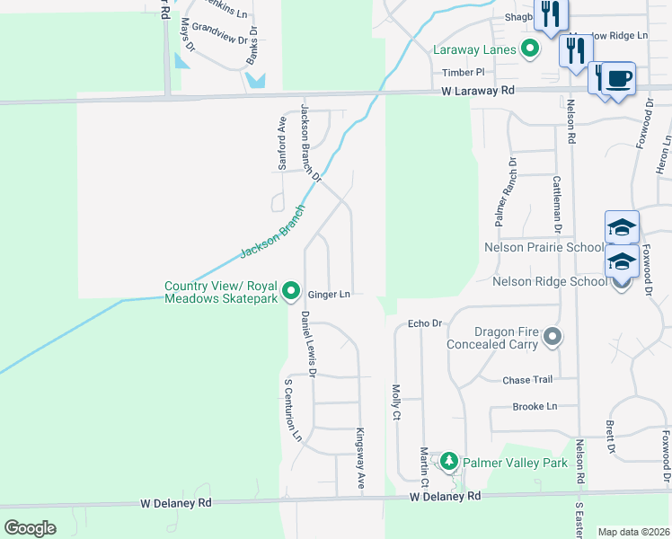 map of restaurants, bars, coffee shops, grocery stores, and more near 2415 Jackson Branch Drive in New Lenox