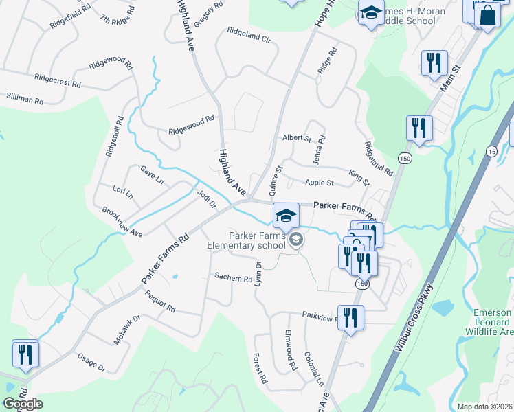 map of restaurants, bars, coffee shops, grocery stores, and more near 70 Parker Farms Road in Wallingford