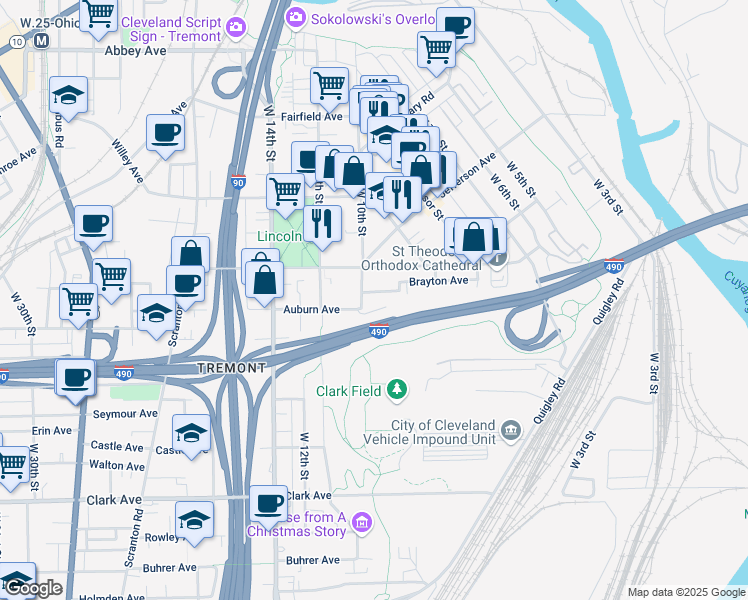 map of restaurants, bars, coffee shops, grocery stores, and more near 929 Fruit Ave in Cleveland
