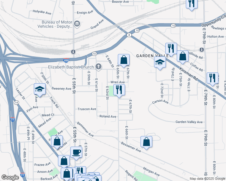 map of restaurants, bars, coffee shops, grocery stores, and more near 3028 East 65th Street in Cleveland