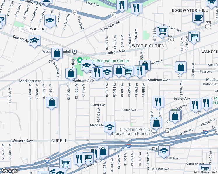 map of restaurants, bars, coffee shops, grocery stores, and more near 2025 West 95th Street in Cleveland