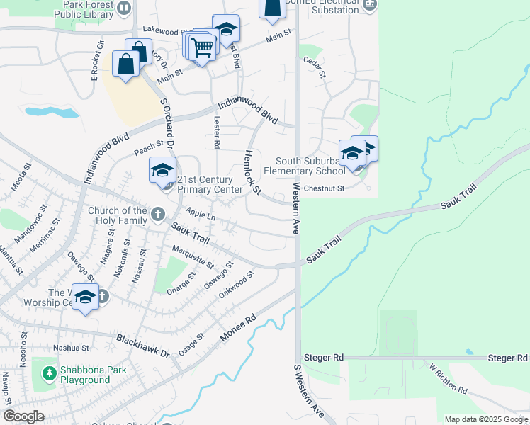 map of restaurants, bars, coffee shops, grocery stores, and more near 44 McCarthy Road in Park Forest