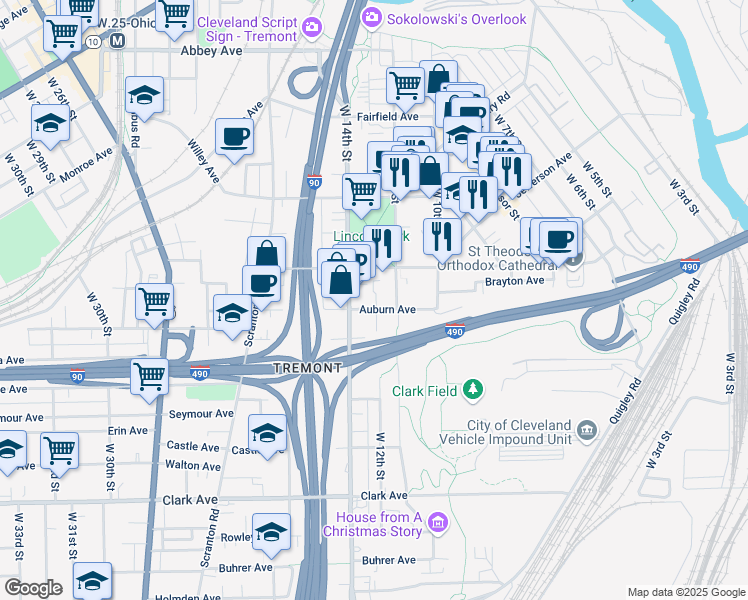 map of restaurants, bars, coffee shops, grocery stores, and more near 1200 Auburn Avenue in Cleveland