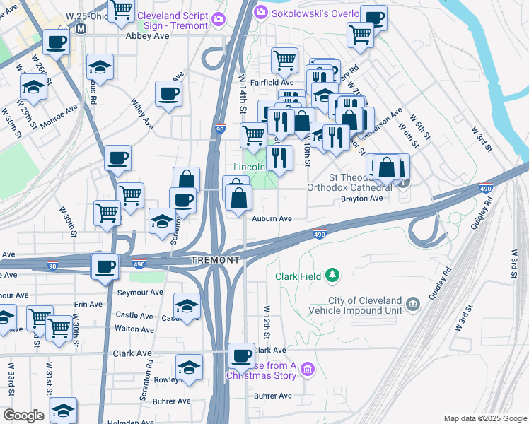 map of restaurants, bars, coffee shops, grocery stores, and more near 1200 Auburn Avenue in Cleveland