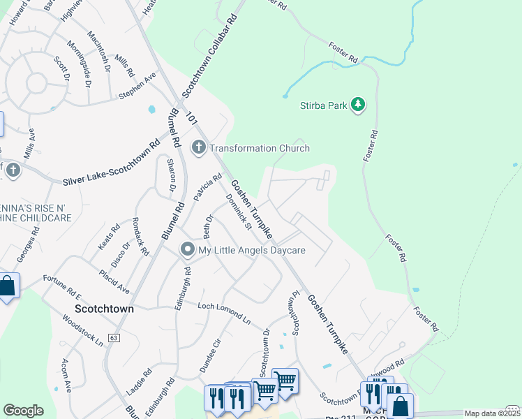 map of restaurants, bars, coffee shops, grocery stores, and more near 2 Berkman Drive in Scotchtown