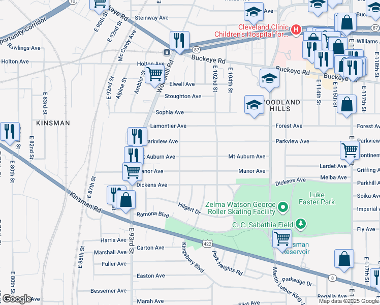 map of restaurants, bars, coffee shops, grocery stores, and more near 9805 Mount Auburn Avenue in Cleveland