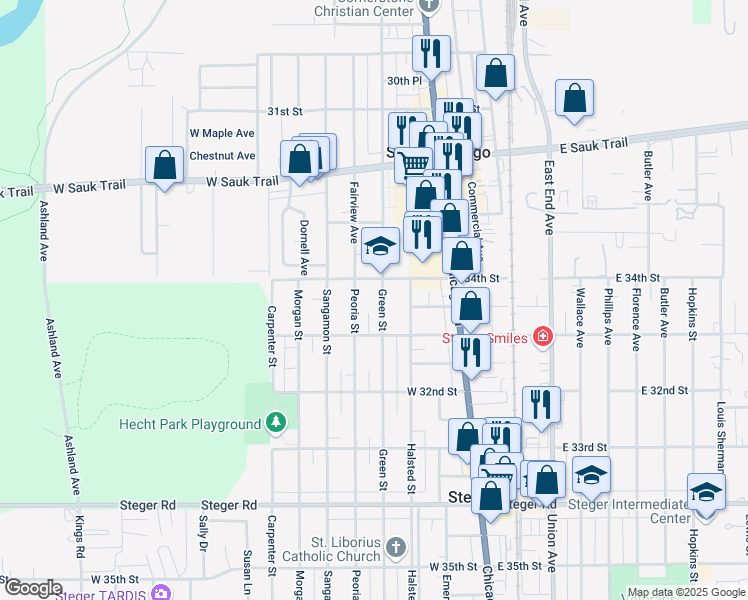 map of restaurants, bars, coffee shops, grocery stores, and more near 3014 Green Street in Steger