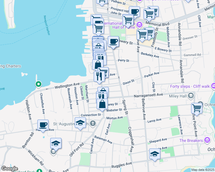 map of restaurants, bars, coffee shops, grocery stores, and more near 26 Dixon Street in Newport