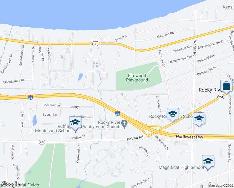 map of restaurants, bars, coffee shops, grocery stores, and more near 1030 Brook Lane in Rocky River