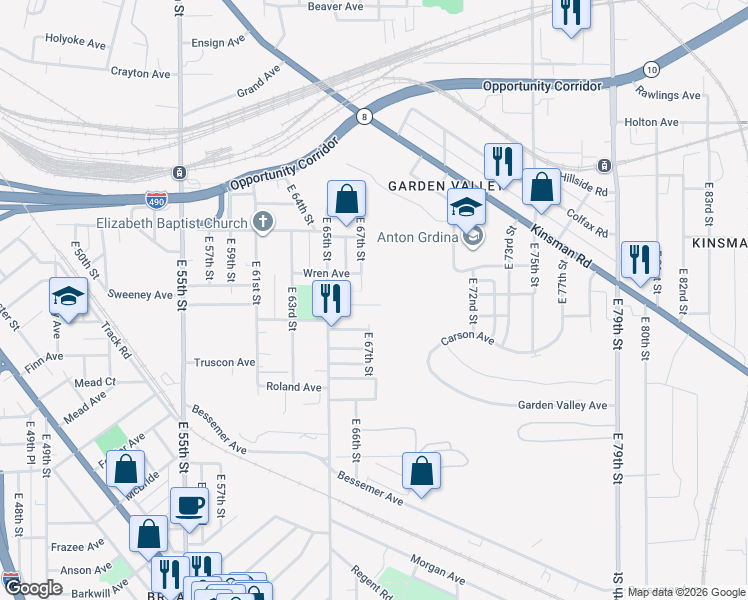 map of restaurants, bars, coffee shops, grocery stores, and more near 6541 Newman Avenue in Cleveland