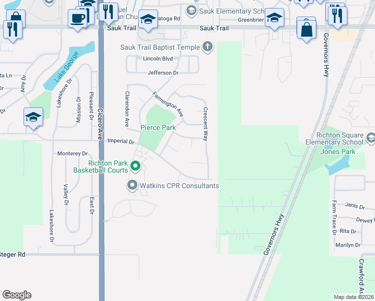 map of restaurants, bars, coffee shops, grocery stores, and more near 4411 Michael John Lane in Richton Park