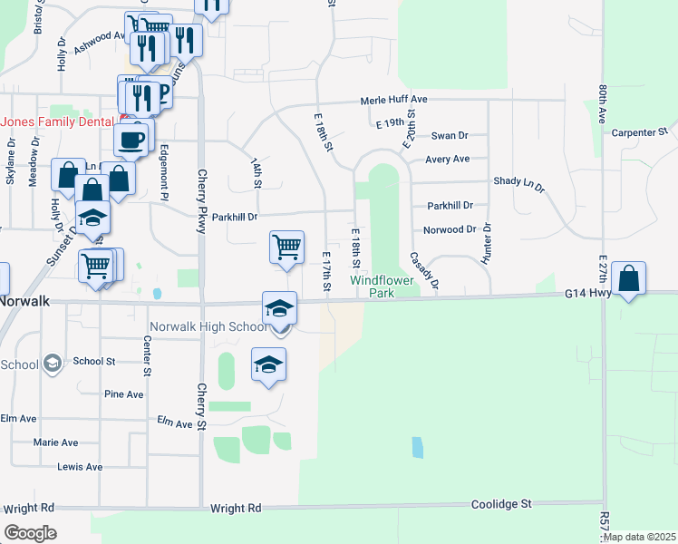 map of restaurants, bars, coffee shops, grocery stores, and more near 900 East 17th Street in Norwalk
