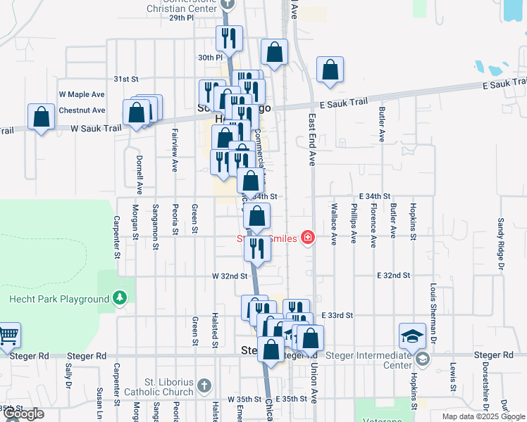 map of restaurants, bars, coffee shops, grocery stores, and more near 19 East 30th Place in Steger