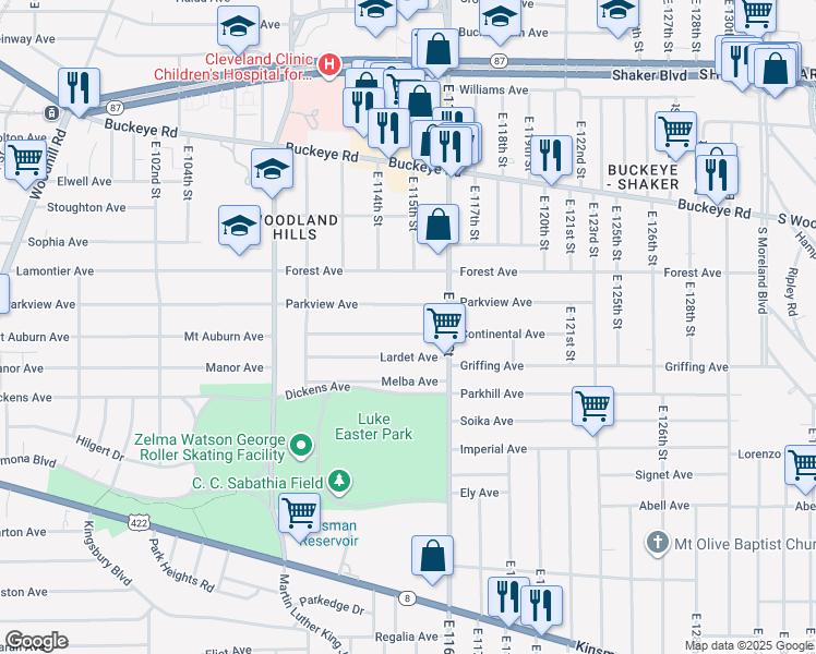 map of restaurants, bars, coffee shops, grocery stores, and more near 11419 Continental Avenue in Cleveland