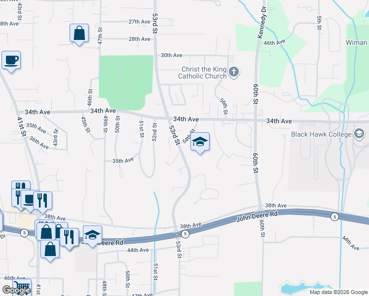 map of restaurants, bars, coffee shops, grocery stores, and more near 3492-3520 53rd Street in Moline