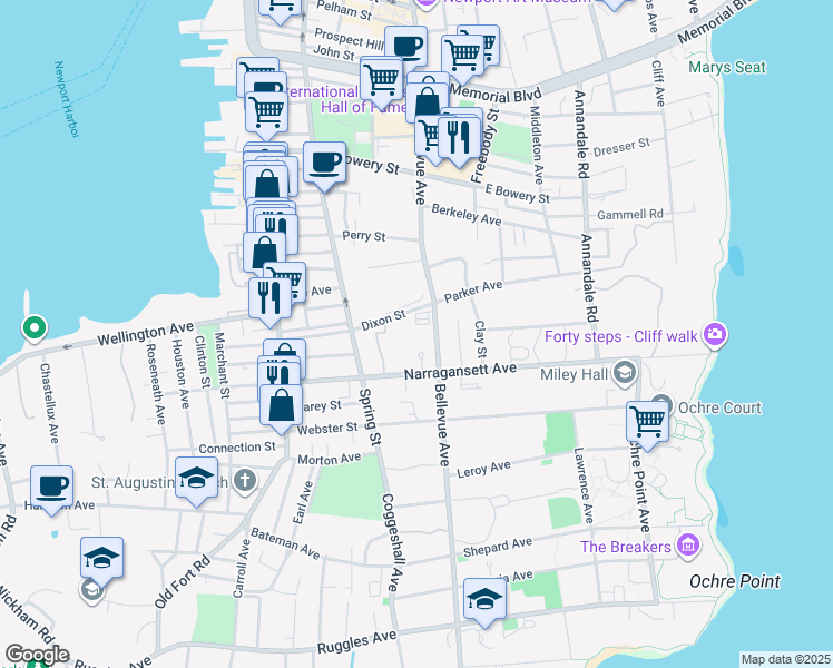 map of restaurants, bars, coffee shops, grocery stores, and more near 401 Bellevue Avenue in Newport