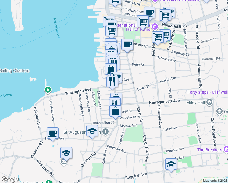 map of restaurants, bars, coffee shops, grocery stores, and more near 2 Sharon Court in Newport