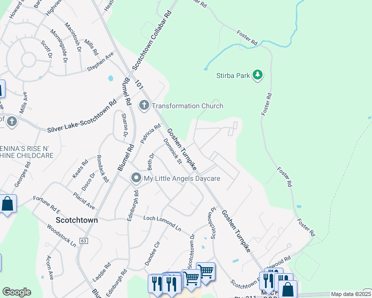 map of restaurants, bars, coffee shops, grocery stores, and more near 2 Berkman Drive in Scotchtown