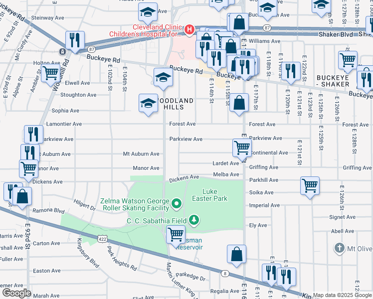map of restaurants, bars, coffee shops, grocery stores, and more near 11129 Continental Avenue in Cleveland
