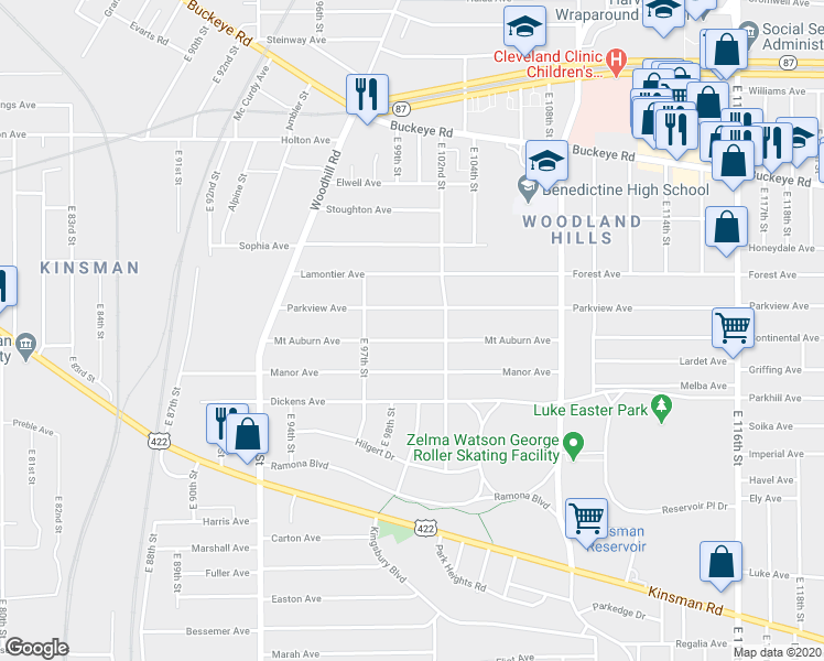 map of restaurants, bars, coffee shops, grocery stores, and more near 10005 Mount Auburn Avenue in Cleveland