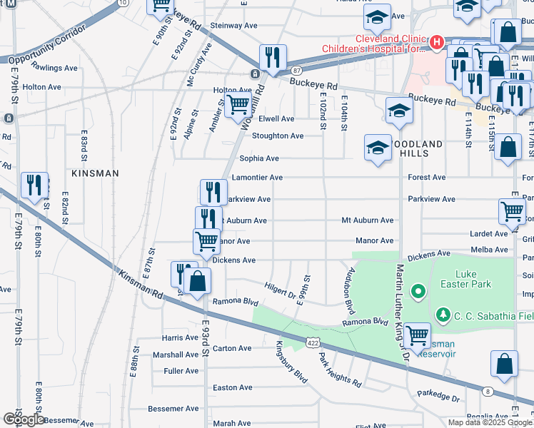map of restaurants, bars, coffee shops, grocery stores, and more near 9615 Mount Auburn Avenue in Cleveland