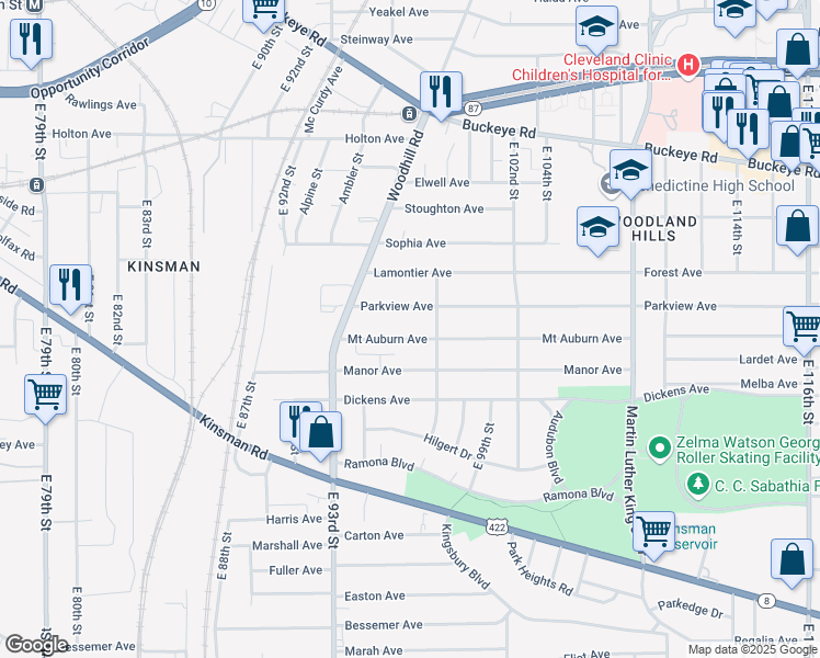 map of restaurants, bars, coffee shops, grocery stores, and more near 9615 Mount Auburn Avenue in Cleveland