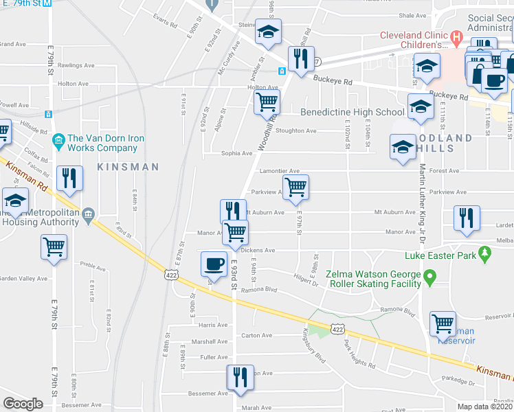 map of restaurants, bars, coffee shops, grocery stores, and more near 9429 Mount Auburn Avenue in Cleveland
