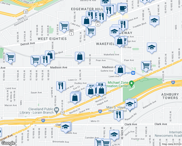 map of restaurants, bars, coffee shops, grocery stores, and more near 2020 West 73rd Street in Cleveland