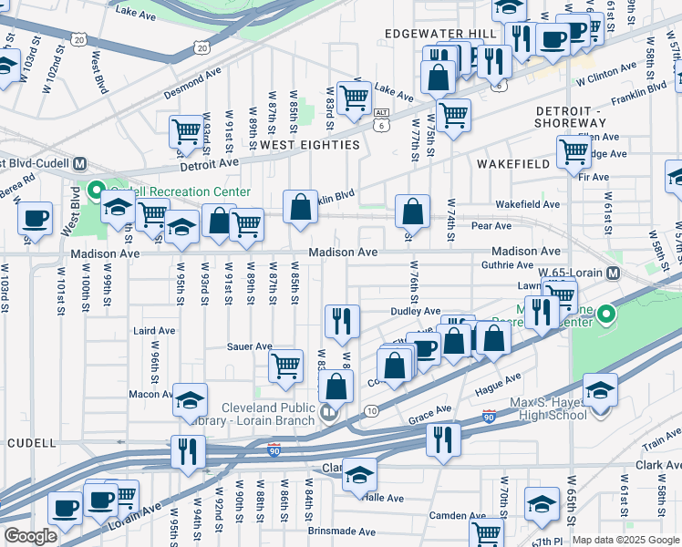 map of restaurants, bars, coffee shops, grocery stores, and more near 2020 West 81st Street in Cleveland
