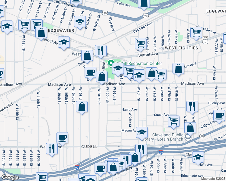 map of restaurants, bars, coffee shops, grocery stores, and more near in Cleveland