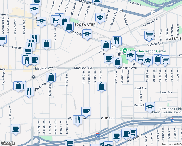 map of restaurants, bars, coffee shops, grocery stores, and more near 2016 West 105th Street in Cleveland