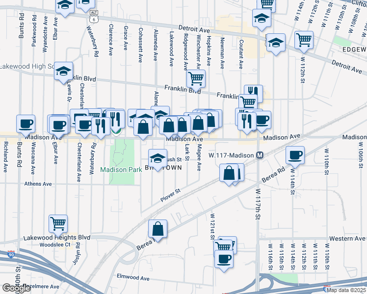 map of restaurants, bars, coffee shops, grocery stores, and more near in Lakewood