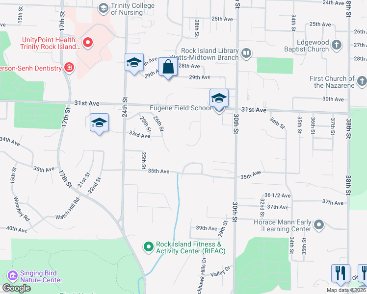 map of restaurants, bars, coffee shops, grocery stores, and more near 3355 28 Street Court in Rock Island