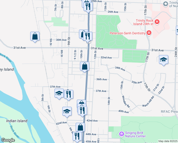 map of restaurants, bars, coffee shops, grocery stores, and more near 3408 11th Street in Rock Island