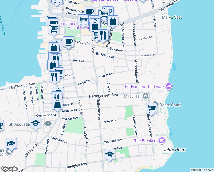 map of restaurants, bars, coffee shops, grocery stores, and more near 15 Clay Street in Newport
