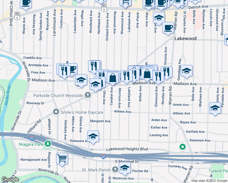 map of restaurants, bars, coffee shops, grocery stores, and more near 2025 Carabel Ave in Lakewood