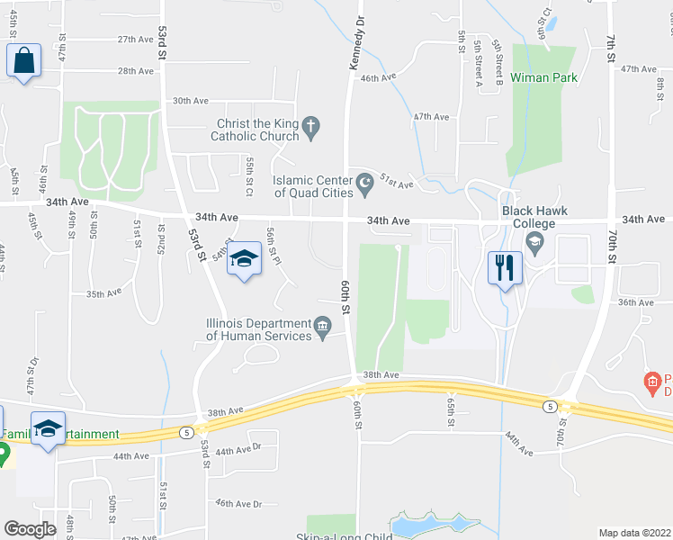 map of restaurants, bars, coffee shops, grocery stores, and more near 3441 60th Street in Moline
